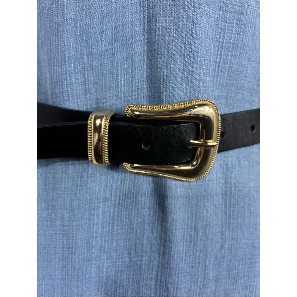 ZARA Womens belt 41” long black faux leather golden buckle